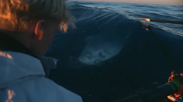 over-the-shoulder shot of a rower with orange foam earplugs leaning over the rail and looking down into glassy dark water where a colossal pale woman's face with closed eyes slides past beneath the surface, deep blue…
