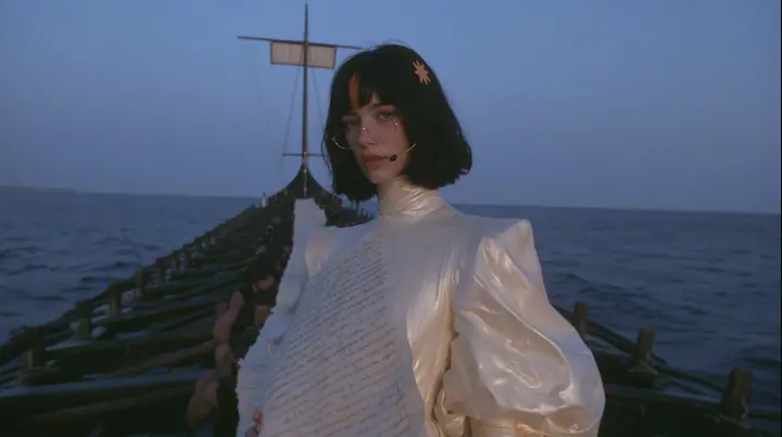 wide shot along the deck of a long black ancient Greek galley with a single mast, a square sail and two banks of oars, a long papyrus scroll covered in handwritten lines unrolled down the length of the deck between…