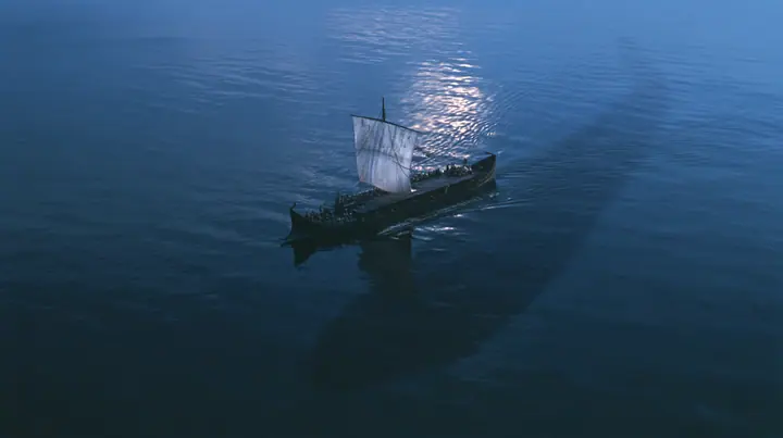 high aerial of a long black ancient Greek galley with a single mast, a square sail and two banks of oars on a darkening sea, beneath it a vast dark shadow ten times the ship's length gliding under the hull, deep blue…