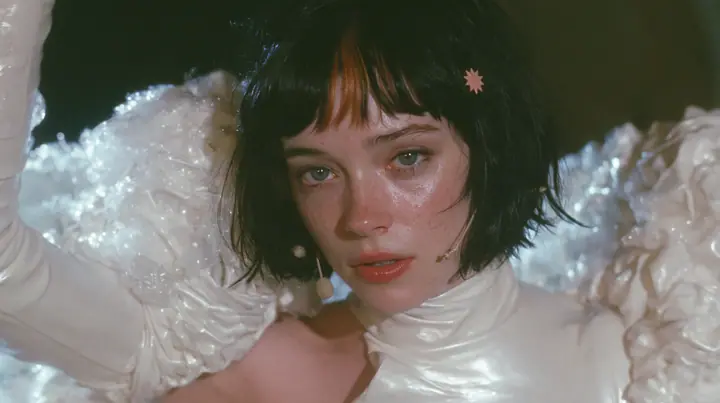 medium shot of a Caucasian American woman in her mid-twenties with pale skin and light freckles, a glossy black blunt jaw-length bob with heavy straight bangs and one clay-orange streak through the bangs, a small…