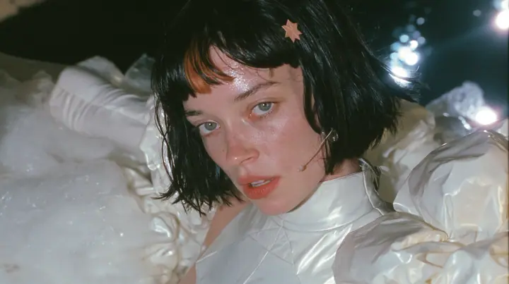 medium shot of a Caucasian American woman in her mid-twenties with pale skin and light freckles, a glossy black blunt jaw-length bob with heavy straight bangs and one clay-orange streak through the bangs, a small…
