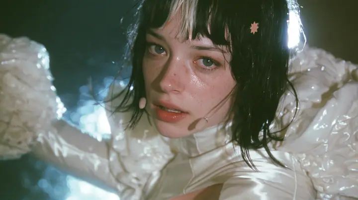 medium shot of a Caucasian American woman in her mid-twenties with pale skin and light freckles, a glossy black blunt jaw-length bob with heavy straight bangs and one clay-orange streak through the bangs, a small…