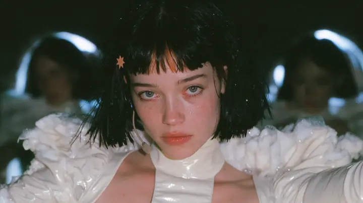 medium shot of a Caucasian American woman in her mid-twenties with pale skin and light freckles, a glossy black blunt jaw-length bob with heavy straight bangs and one clay-orange streak through the bangs, a small…
