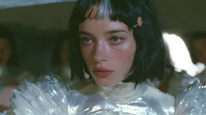 medium shot of a Caucasian American woman in her mid-twenties with pale skin and light freckles, a glossy black blunt jaw-length bob with heavy straight bangs and one clay-orange streak through the bangs, a small…