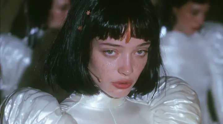 medium shot of a Caucasian American woman in her mid-twenties with pale skin and light freckles, a glossy black blunt jaw-length bob with heavy straight bangs and one clay-orange streak through the bangs, a small…