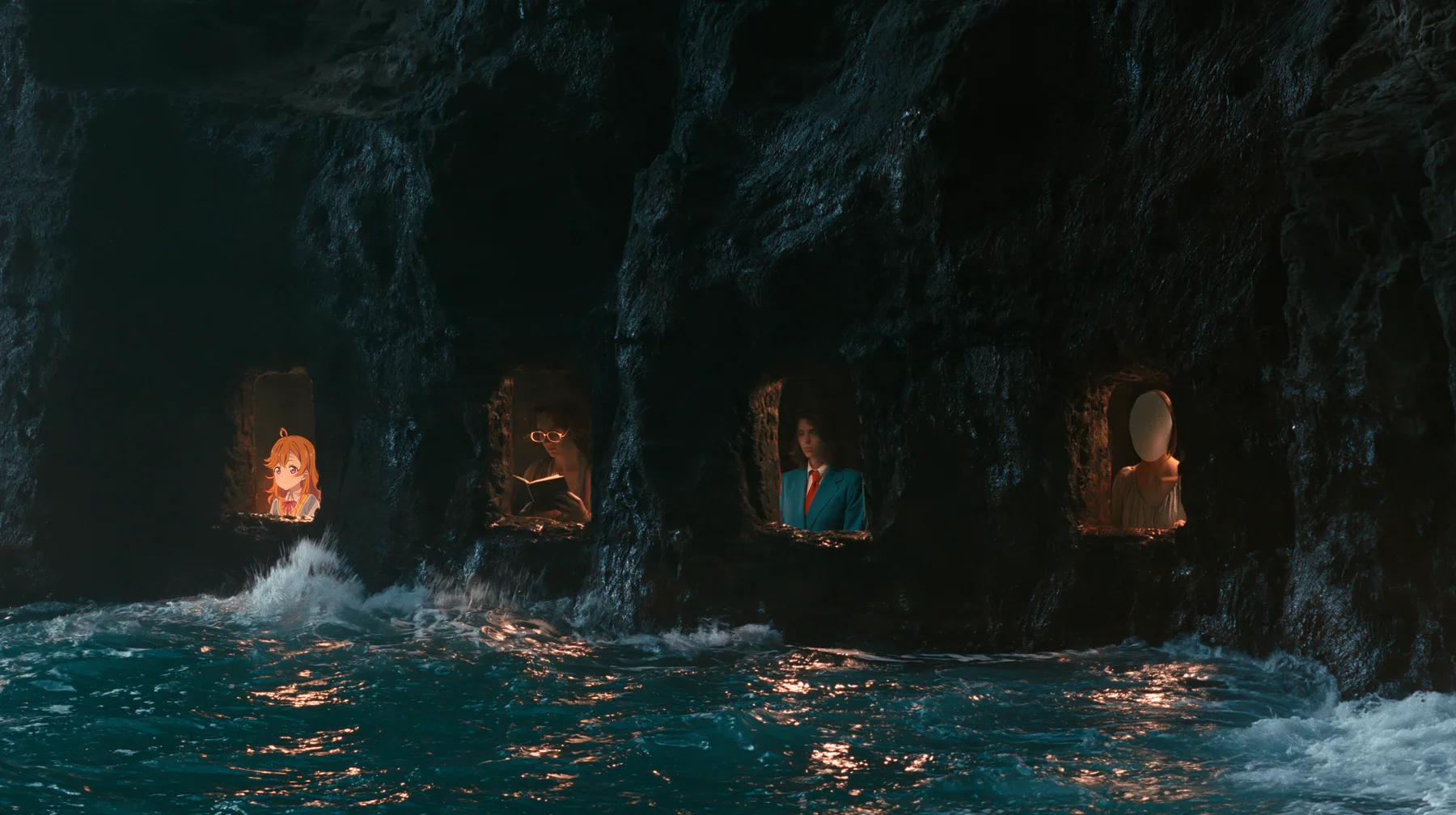 four lit alcoves in a black sea cliff: an anime idol girl with orange hair, a woman in gold reading glasses, a woman in a blue blazer and red tie, and a woman whose face is a smooth blank oval, night, moonlight on a…