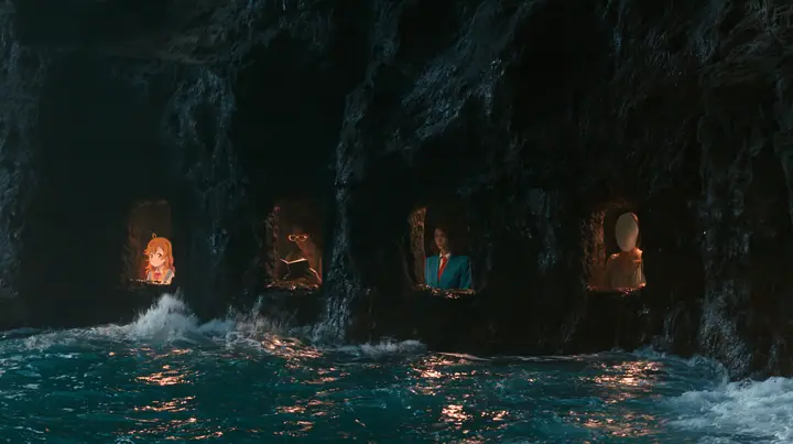 four lit alcoves in a black sea cliff: an anime idol girl with orange hair, a woman in gold reading glasses, a woman in a blue blazer and red tie, and a woman whose face is a smooth blank oval, night, moonlight on a…
