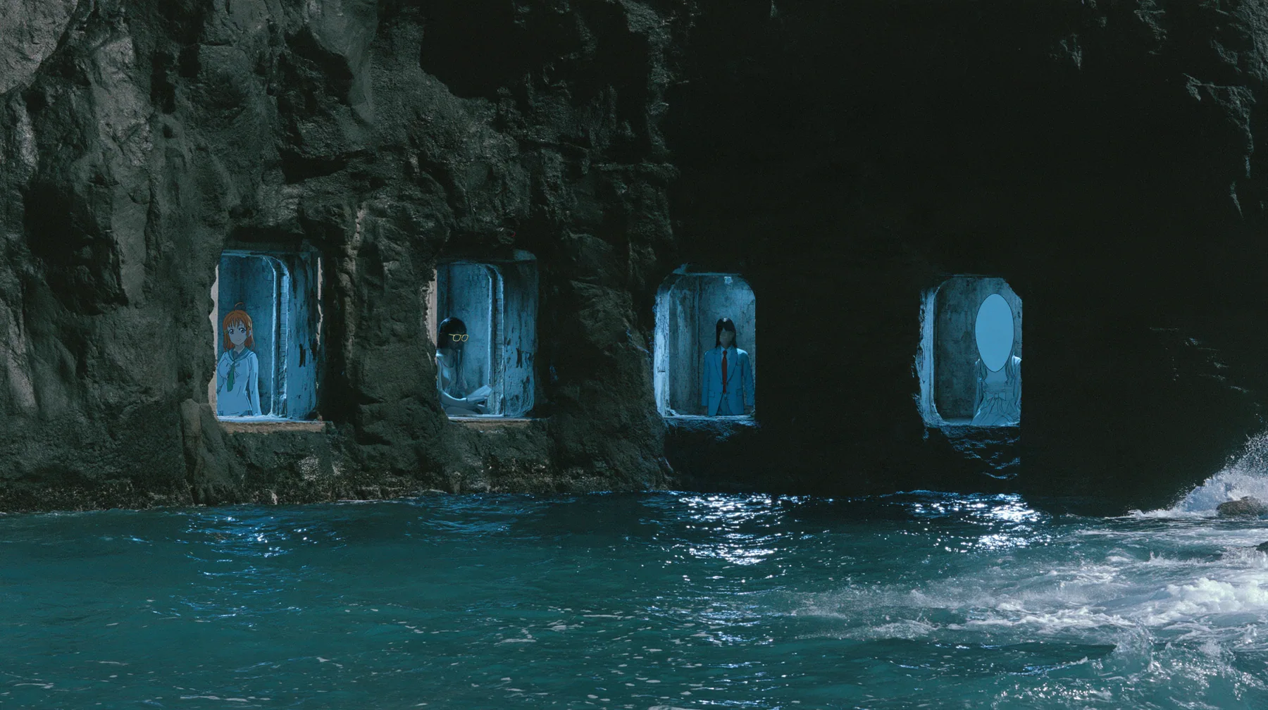 four lit alcoves in a black sea cliff: an anime idol girl with orange hair, a woman in gold reading glasses, a woman in a blue blazer and red tie, and a woman whose face is a smooth blank oval, night, moonlight on a…