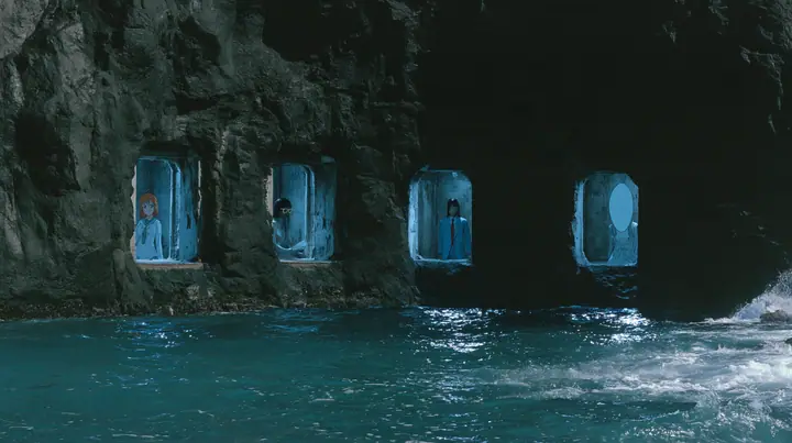 four lit alcoves in a black sea cliff: an anime idol girl with orange hair, a woman in gold reading glasses, a woman in a blue blazer and red tie, and a woman whose face is a smooth blank oval, night, moonlight on a…