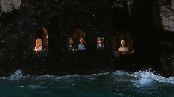 four lit alcoves in a black sea cliff: an anime idol girl with orange hair, a woman in gold reading glasses, a woman in a blue blazer and red tie, and a woman whose face is a smooth blank oval, night, moonlight on a…