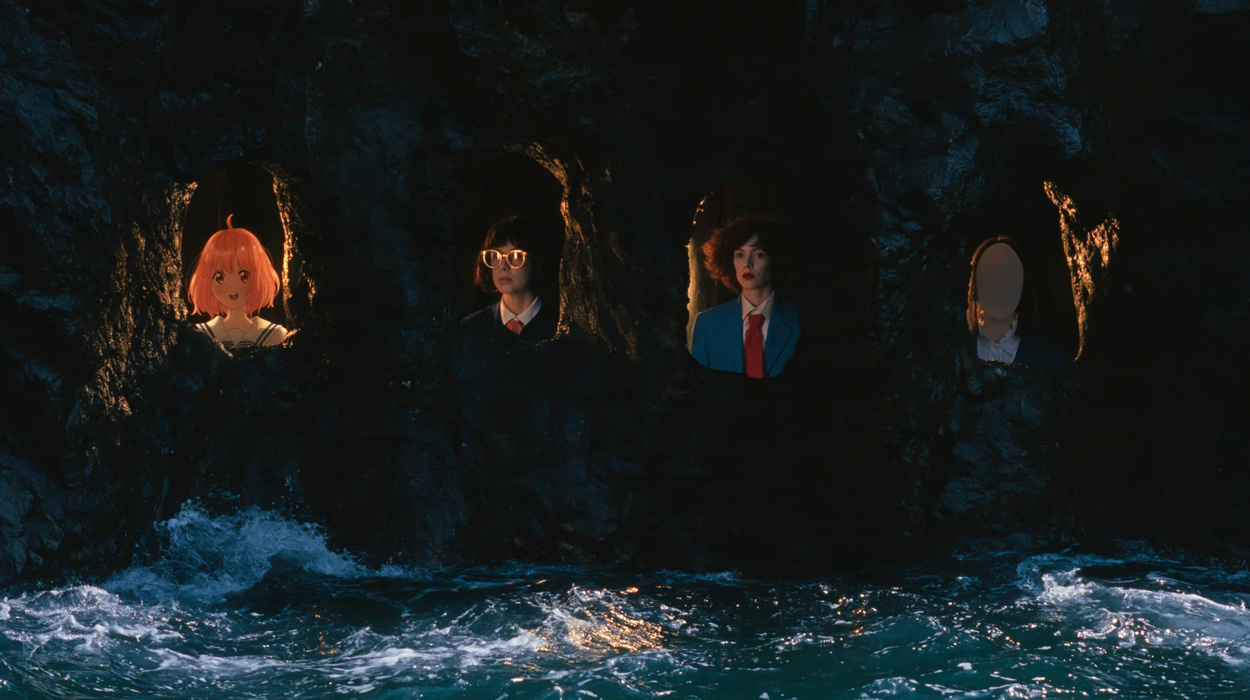 four lit alcoves in a black sea cliff: an anime idol girl with orange hair, a woman in gold reading glasses, a woman in a blue blazer and red tie, and a woman whose face is a smooth blank oval, night, moonlight on a…