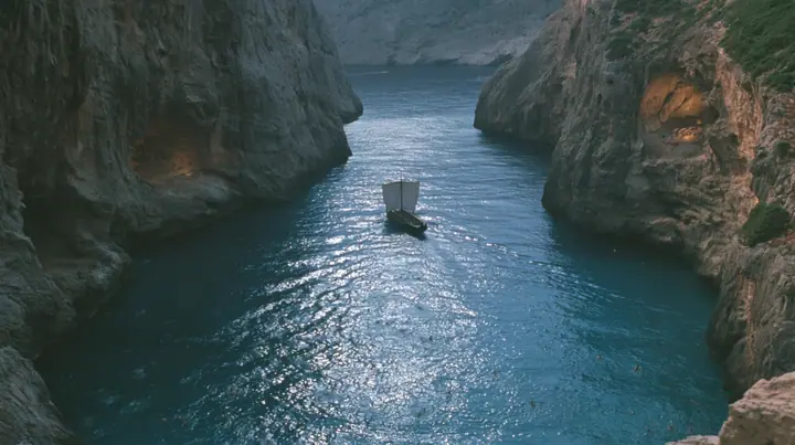 high aerial of the dark water of a narrow sea strait between two cliffs of lit alcoves, tiny swimmers far below drawn toward the cliffs, a long black ancient Greek galley with a single mast, a square sail and two…