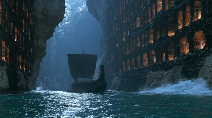 extreme wide shot of a long black ancient Greek galley with a single mast, a square sail and two banks of oars entering a narrow sea strait between two sheer black cliffs hundreds of metres high, the cliff faces…