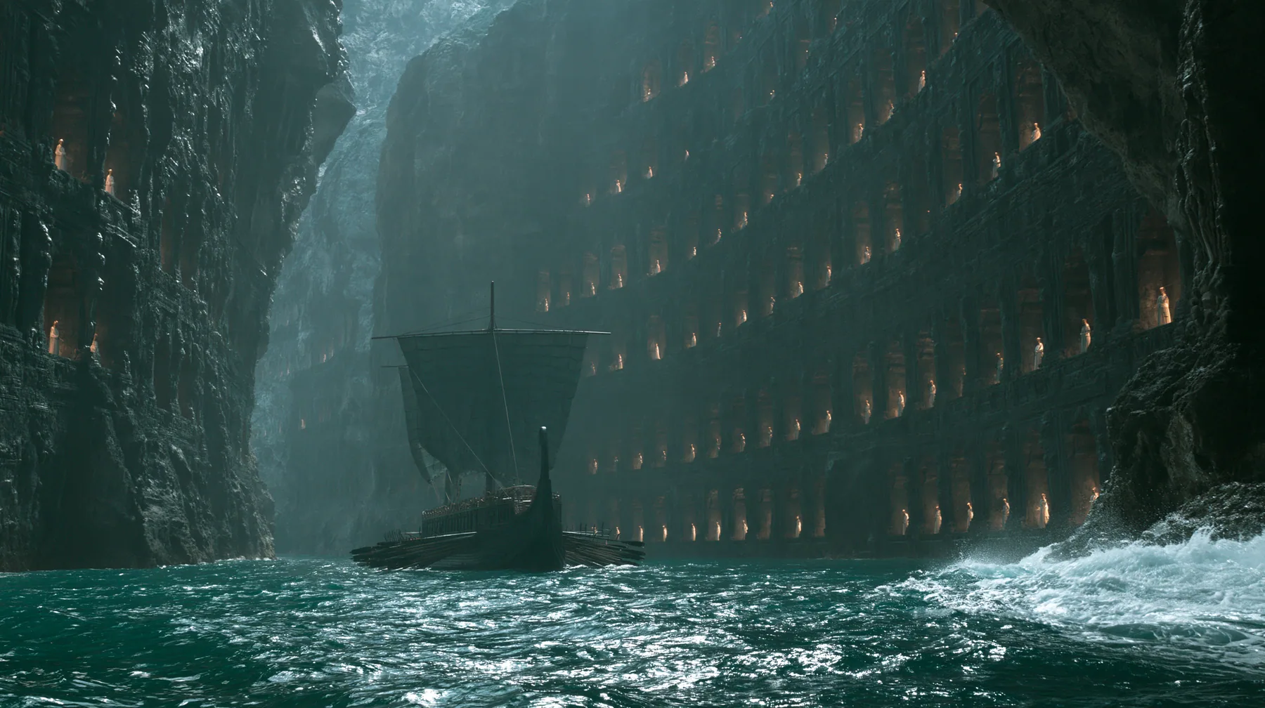 extreme wide shot of a long black ancient Greek galley with a single mast, a square sail and two banks of oars entering a narrow sea strait between two sheer black cliffs hundreds of metres high, the cliff faces…