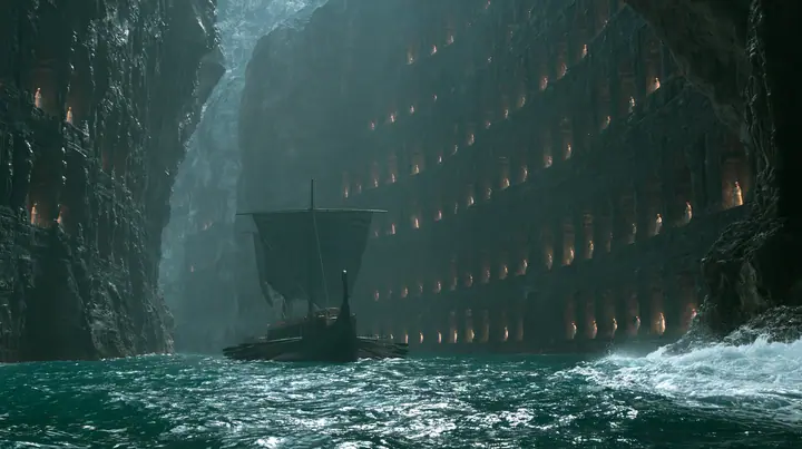 extreme wide shot of a long black ancient Greek galley with a single mast, a square sail and two banks of oars entering a narrow sea strait between two sheer black cliffs hundreds of metres high, the cliff faces…