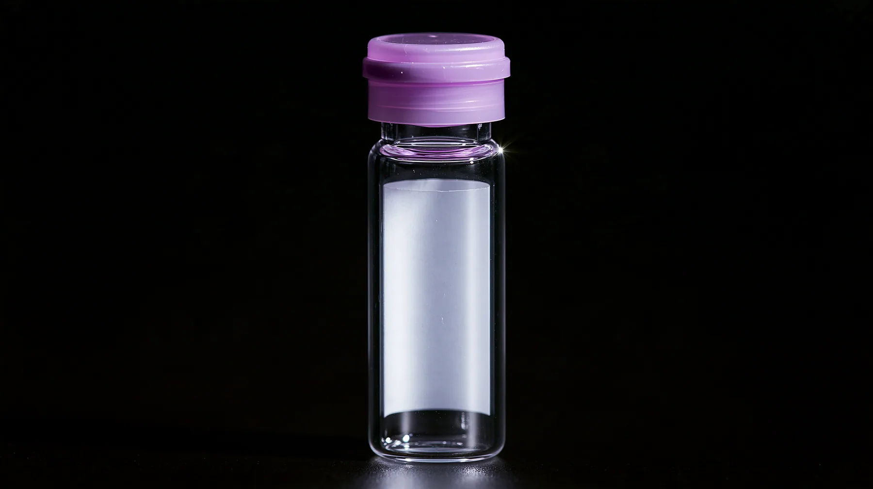 macro product photograph of one small glass peptide vial with a lilac flip cap and a blank white label on black, a white strobe glint, macro product photograph, hard rim light, razor-thin focus, no text, no letters,…