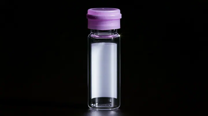 macro product photograph of one small glass peptide vial with a lilac flip cap and a blank white label on black, a white strobe glint, macro product photograph, hard rim light, razor-thin focus, no text, no letters,…