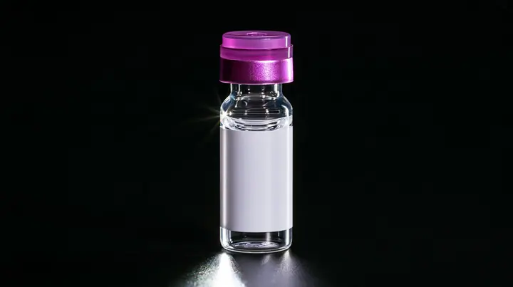 macro product photograph of one small glass peptide vial with a lilac flip cap and a blank white label on black, a white strobe glint, macro product photograph, hard rim light, razor-thin focus, no text, no letters,…