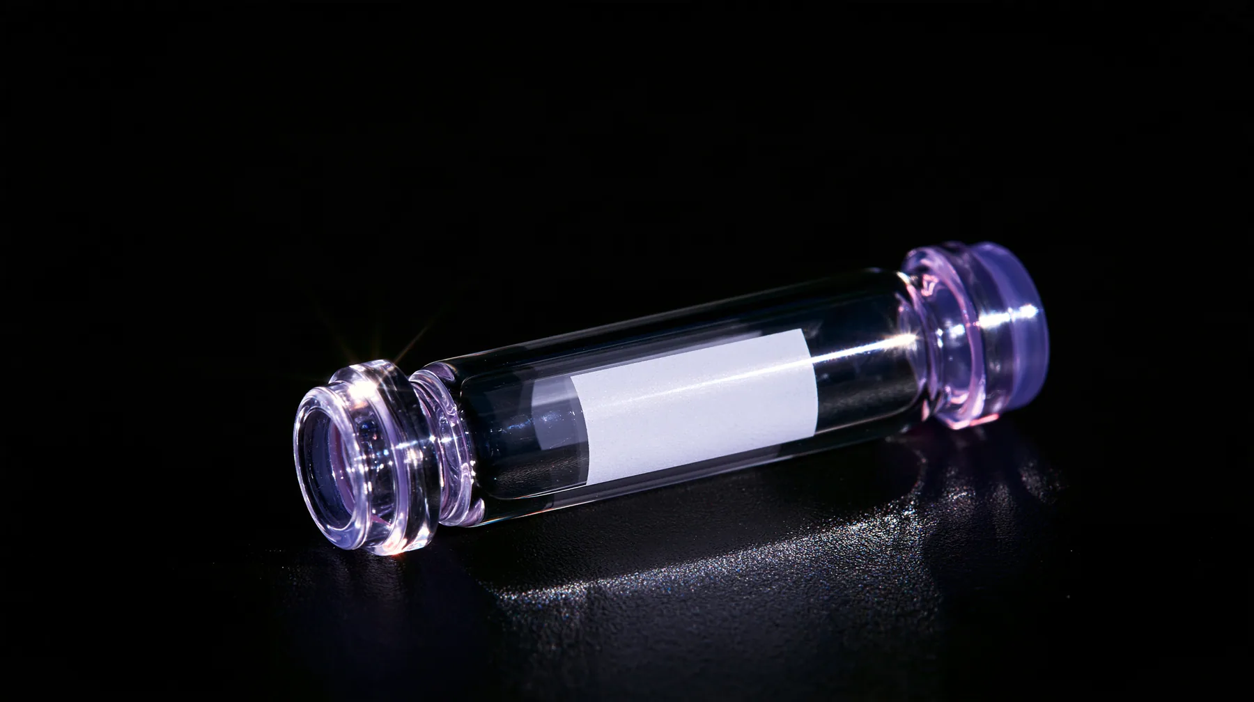 macro product photograph of one small glass peptide vial with a lilac flip cap and a blank white label on black, a white strobe glint, macro product photograph, hard rim light, razor-thin focus, no text, no letters,…