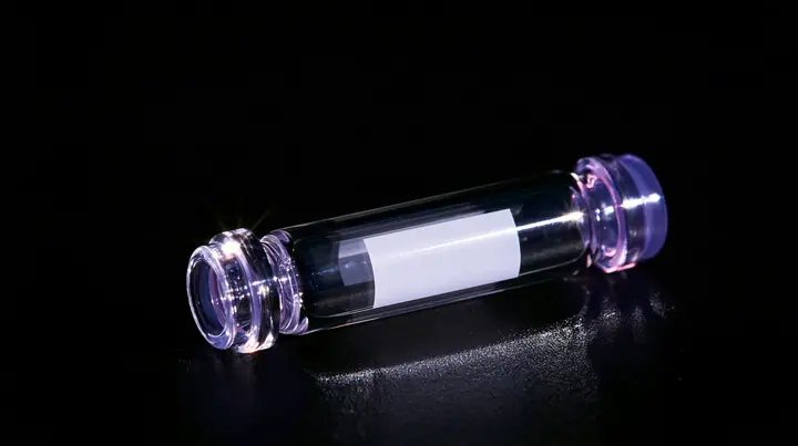 macro product photograph of one small glass peptide vial with a lilac flip cap and a blank white label on black, a white strobe glint, macro product photograph, hard rim light, razor-thin focus, no text, no letters,…