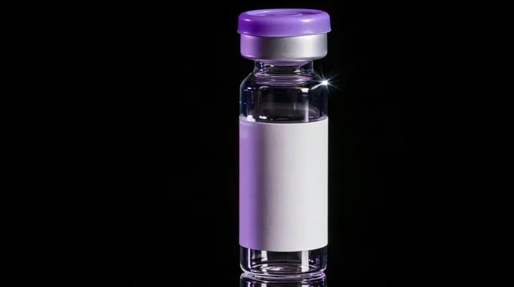 macro product photograph of one small glass peptide vial with a lilac flip cap and a blank white label on black, a white strobe glint, macro product photograph, hard rim light, razor-thin focus, no text, no letters,…