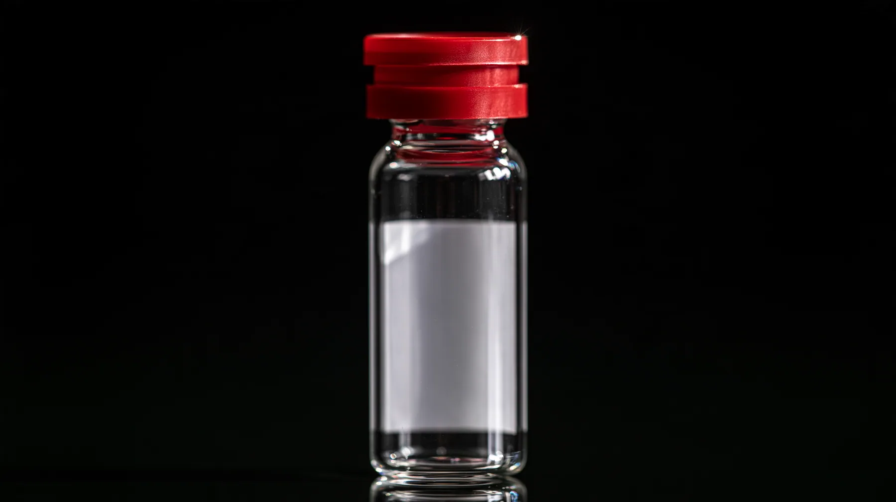 macro product photograph of one small glass peptide vial with a red flip cap and a blank white label on black, a white strobe glint, macro product photograph, hard rim light, razor-thin focus, no text, no letters, no…