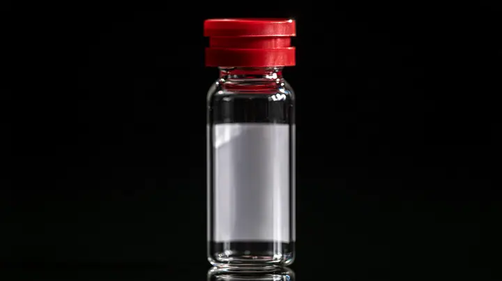 macro product photograph of one small glass peptide vial with a red flip cap and a blank white label on black, a white strobe glint, macro product photograph, hard rim light, razor-thin focus, no text, no letters, no…
