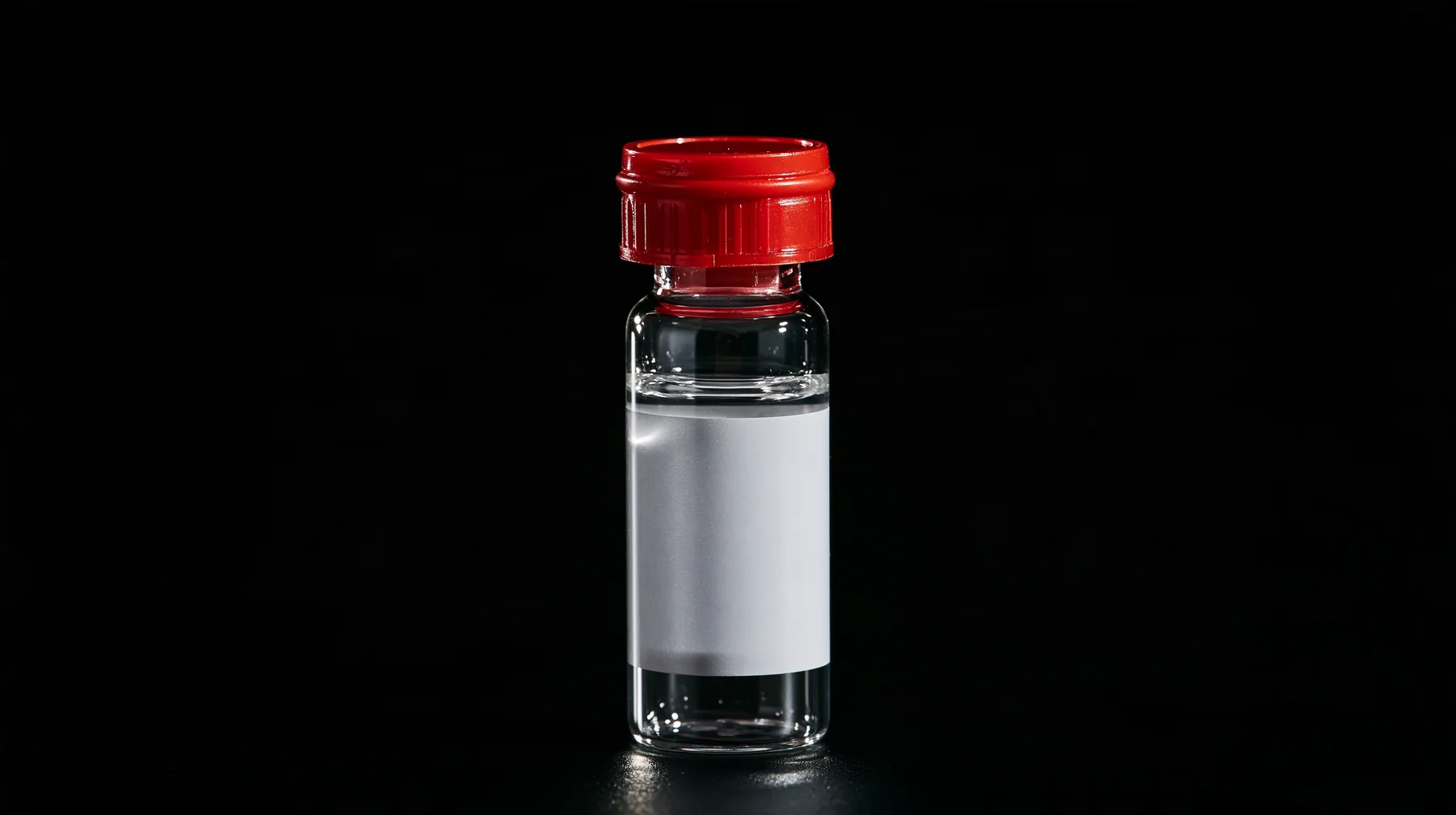 macro product photograph of one small glass peptide vial with a red flip cap and a blank white label on black, a white strobe glint, macro product photograph, hard rim light, razor-thin focus, no text, no letters, no…