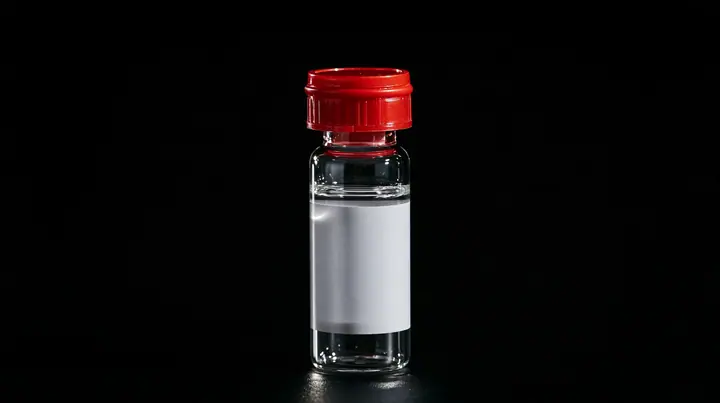 macro product photograph of one small glass peptide vial with a red flip cap and a blank white label on black, a white strobe glint, macro product photograph, hard rim light, razor-thin focus, no text, no letters, no…