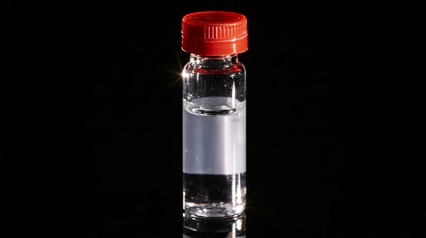 macro product photograph of one small glass peptide vial with a red flip cap and a blank white label on black, a white strobe glint, macro product photograph, hard rim light, razor-thin focus, no text, no letters, no…
