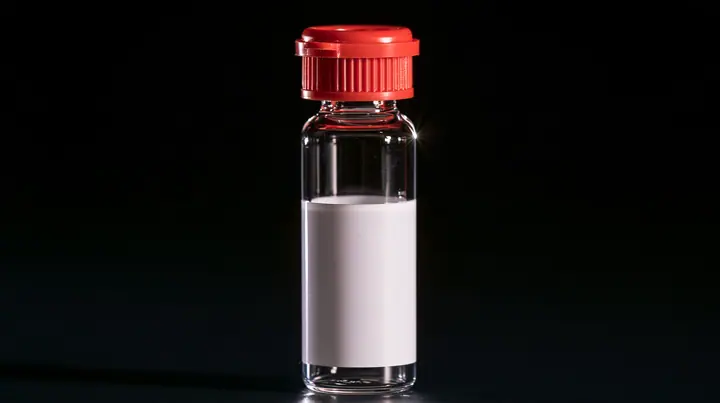 macro product photograph of one small glass peptide vial with a red flip cap and a blank white label on black, a white strobe glint, macro product photograph, hard rim light, razor-thin focus, no text, no letters, no…