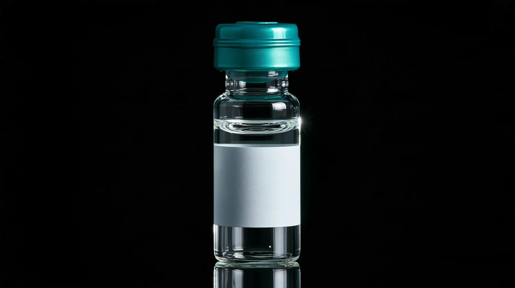 macro product photograph of one small glass peptide vial with a teal flip cap and a blank white label on black, a white strobe glint, macro product photograph, hard rim light, razor-thin focus, no text, no letters,…
