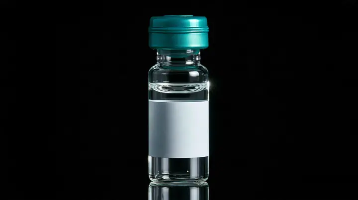 macro product photograph of one small glass peptide vial with a teal flip cap and a blank white label on black, a white strobe glint, macro product photograph, hard rim light, razor-thin focus, no text, no letters,…
