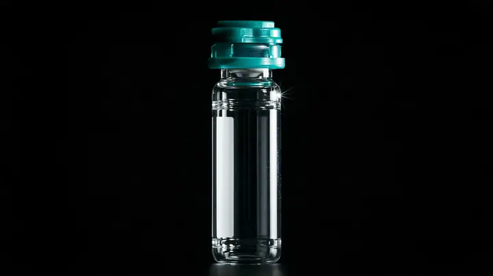 macro product photograph of one small glass peptide vial with a teal flip cap and a blank white label on black, a white strobe glint, macro product photograph, hard rim light, razor-thin focus, no text, no letters,…