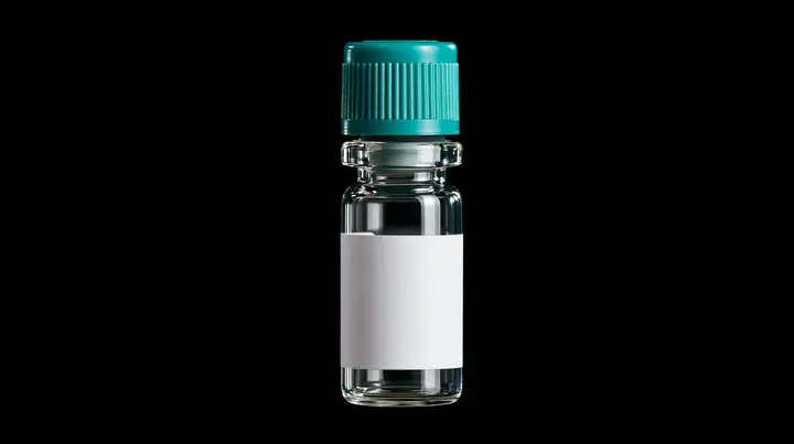 macro product photograph of one small glass peptide vial with a teal flip cap and a blank white label on black, a white strobe glint, macro product photograph, hard rim light, razor-thin focus, no text, no letters,…