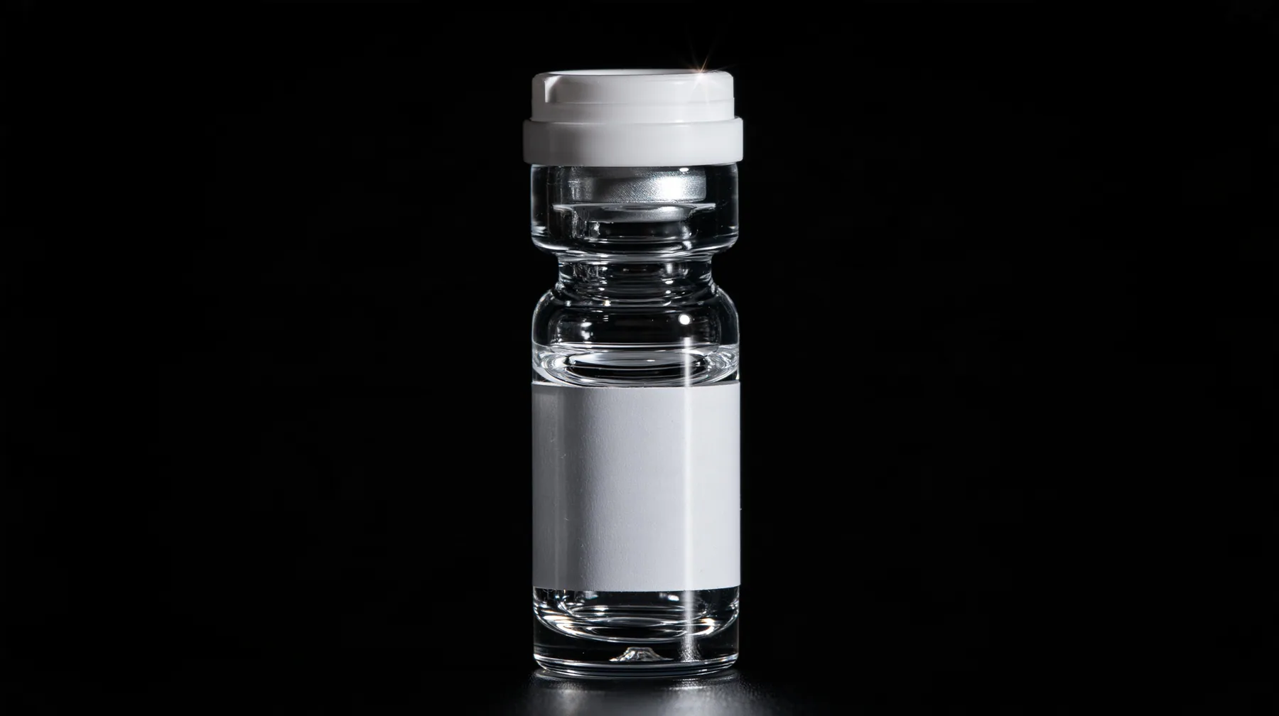 macro product photograph of one small glass peptide vial with a white flip cap and a blank white label on black, a white strobe glint, macro product photograph, hard rim light, razor-thin focus, no text, no letters,…