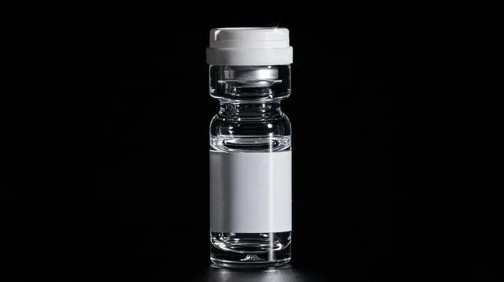 macro product photograph of one small glass peptide vial with a white flip cap and a blank white label on black, a white strobe glint, macro product photograph, hard rim light, razor-thin focus, no text, no letters,…