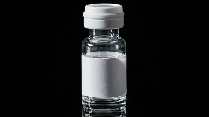 macro product photograph of one small glass peptide vial with a white flip cap and a blank white label on black, a white strobe glint, macro product photograph, hard rim light, razor-thin focus, no text, no letters,…