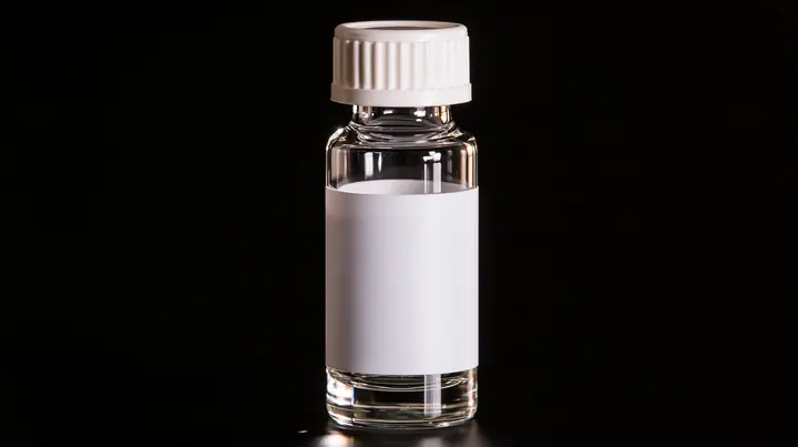 macro product photograph of one small glass peptide vial with a white flip cap and a blank white label on black, a white strobe glint, macro product photograph, hard rim light, razor-thin focus, no text, no letters,…