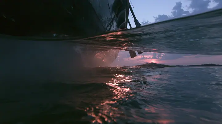 half-underwater split shot at the waterline at twilight, above the black hull of a galley and its dipping oars, below dark water and light shafts, a soft pink-orange glow on a low rock in the distance, no text, no…