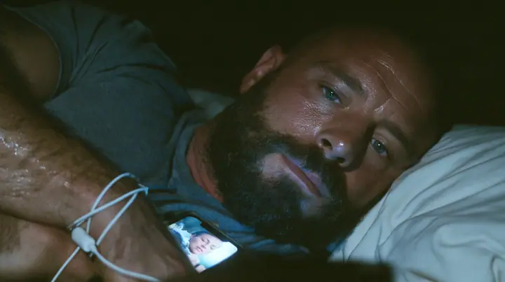 close-up of a broad-shouldered Caucasian man in his early thirties with a shaved head, a thick short dark beard, a square jaw, heavy brows and pale blue eyes, the build of a man who lifts, in a grey t-shirt, asleep…