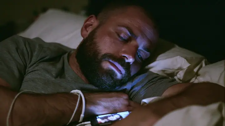 close-up of a broad-shouldered Caucasian man in his early thirties with a shaved head, a thick short dark beard, a square jaw, heavy brows and pale blue eyes, the build of a man who lifts, in a grey t-shirt, asleep…