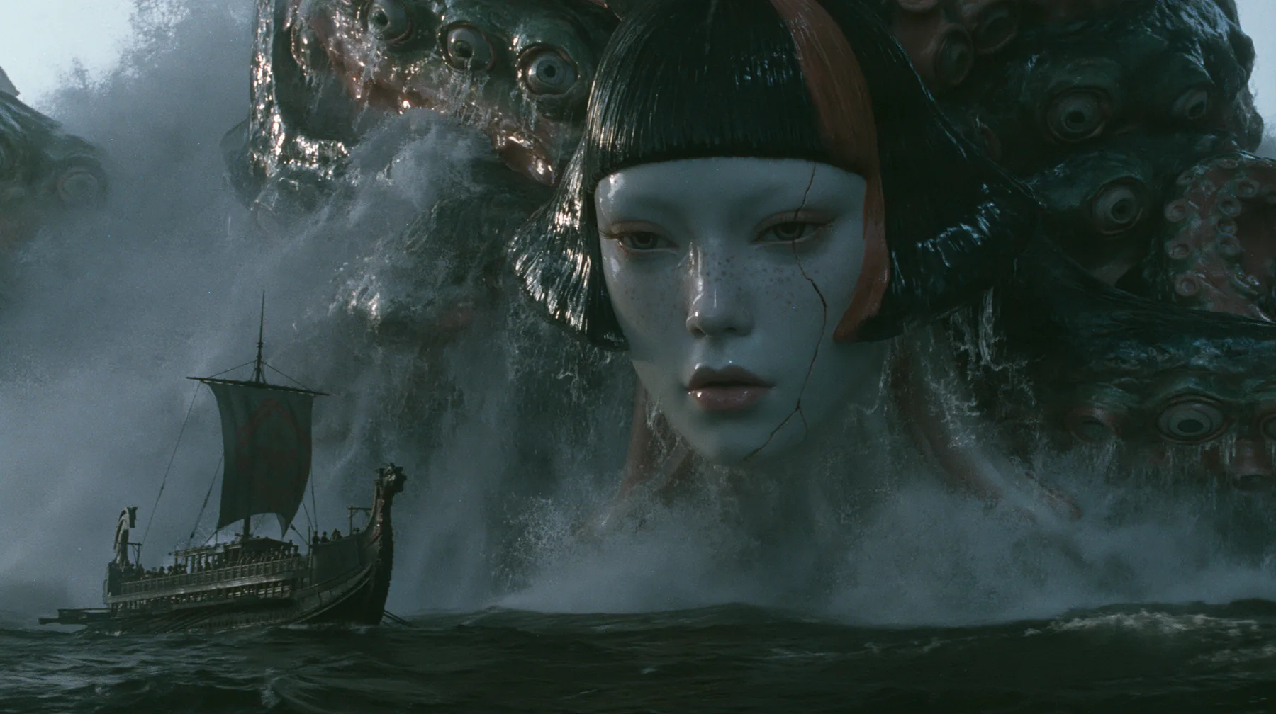 aerial of a colossal creature breaching out of a dark sea beside a long black ancient Greek galley with a single mast, a square sail and two banks of oars, which looks tiny beside it, a mountain of glistening…