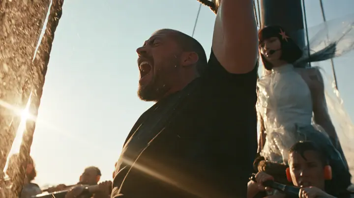 low angle of a broad-shouldered Caucasian man in his early thirties with a shaved head, a thick short dark beard, a square jaw, heavy brows and pale blue eyes, the build of a man who lifts, in a plain black t-shirt…