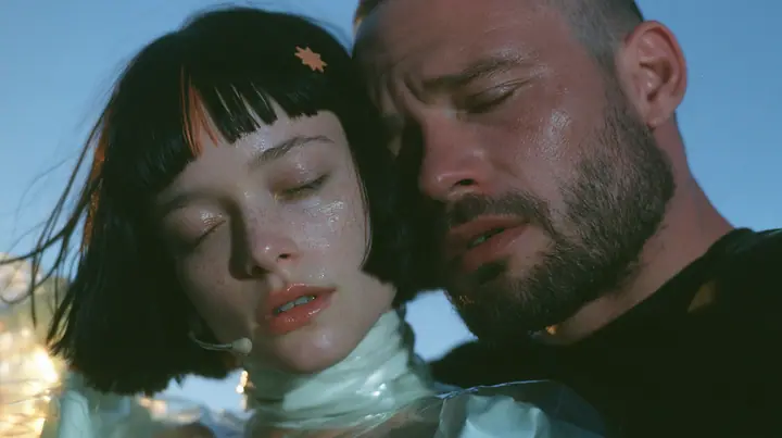 close-up of a Caucasian American woman in her mid-twenties with pale skin and light freckles, a glossy black blunt jaw-length bob with heavy straight bangs and one clay-orange streak through the bangs, a small flat…