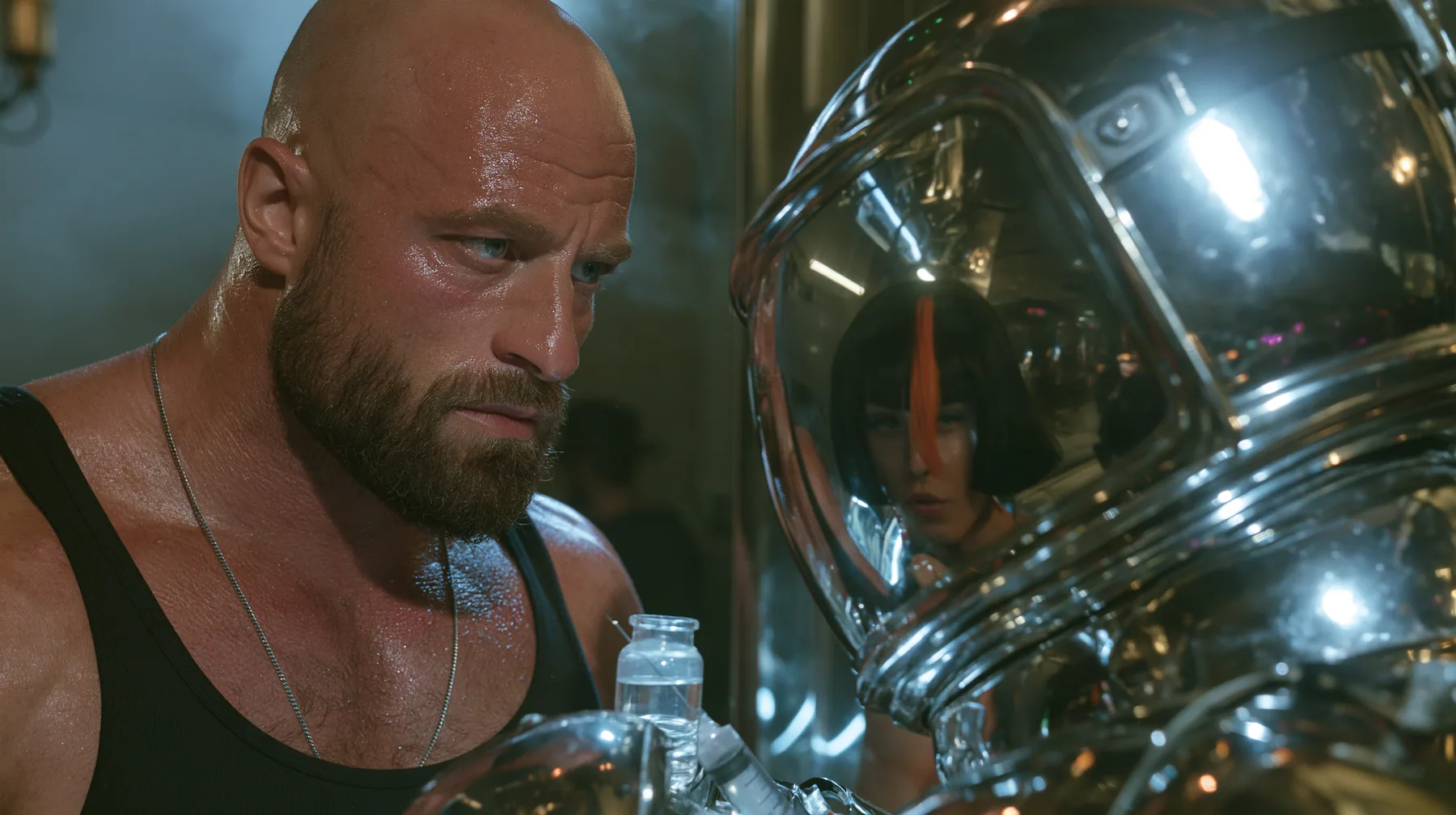 medium shot at a mirrored chrome bar in a warehouse rave, a broad-shouldered Caucasian man in his early thirties with a shaved head, a thick short dark beard, a square jaw, heavy brows and pale blue eyes, the build…