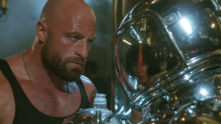 medium shot at a mirrored chrome bar in a warehouse rave, a broad-shouldered Caucasian man in his early thirties with a shaved head, a thick short dark beard, a square jaw, heavy brows and pale blue eyes, the build…