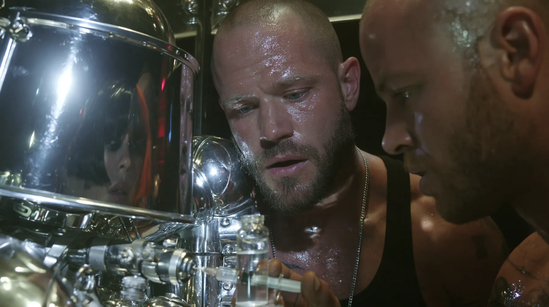 medium shot at a mirrored chrome bar in a warehouse rave, a broad-shouldered Caucasian man in his early thirties with a shaved head, a thick short dark beard, a square jaw, heavy brows and pale blue eyes, the build…