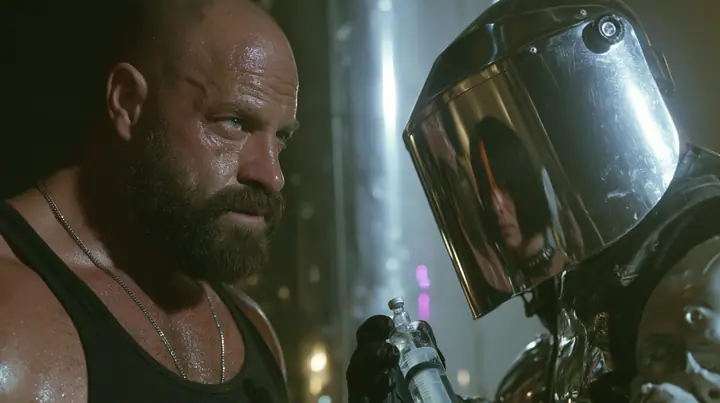 medium shot at a mirrored chrome bar in a warehouse rave, a broad-shouldered Caucasian man in his early thirties with a shaved head, a thick short dark beard, a square jaw, heavy brows and pale blue eyes, the build…