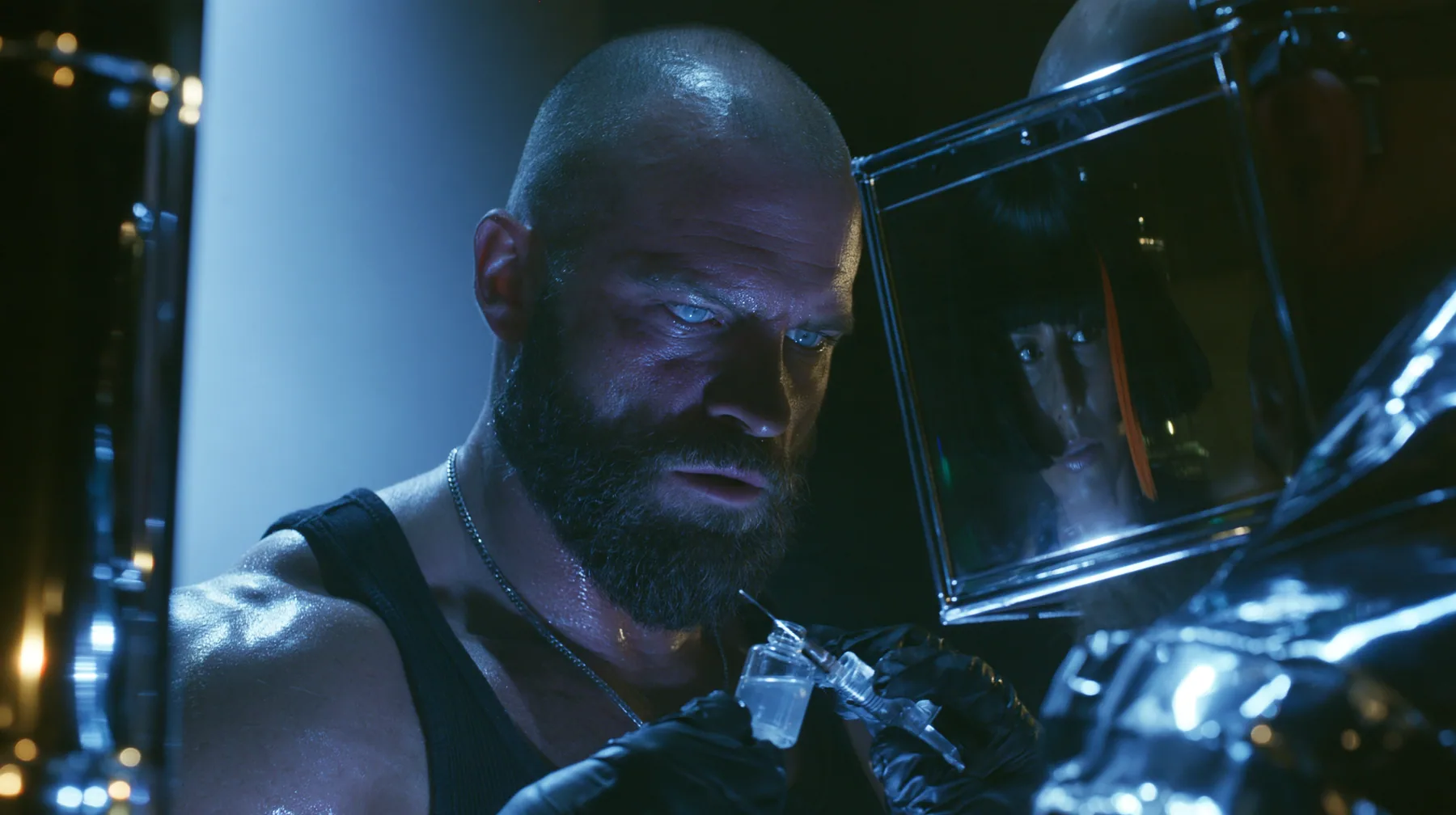medium shot at a mirrored chrome bar in a warehouse rave, a broad-shouldered Caucasian man in his early thirties with a shaved head, a thick short dark beard, a square jaw, heavy brows and pale blue eyes, the build…